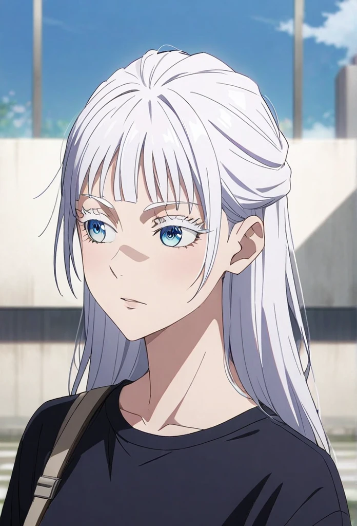 ((Gojo Satoru, female gojo satoru)) Woman, age 18, white hair, hair bangs, (wears round sunglasess) white eyebrows, white eyelash, white eyelashes, detailed eyes, ((blue eyes)), wearing black shirt, high quality, 4k resolution, anime, ((straight hair)) ((white hair)) 