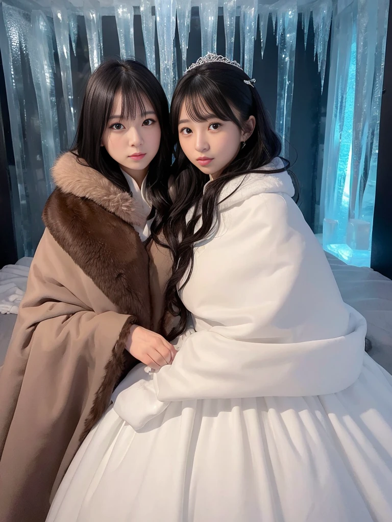 (((Pair of women、ice hotel、Dark Room)))。Wedding dressを着た女性たちの写真。Wedding dress、Brown fur cape。Fisheye Lenultiple women。