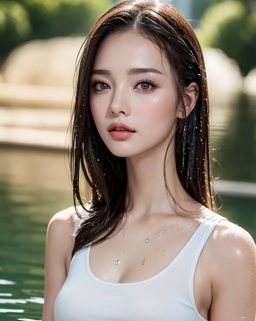 (Best quality, 4k, Masterpiece :1.3), pretty woman, 1girl, sexy :1.1, dark brown hair: 1.1, (river, wet body :1.2), sexy white tank tops, ultra-detailed face, detailed lips, detailed eyes, double eyelid