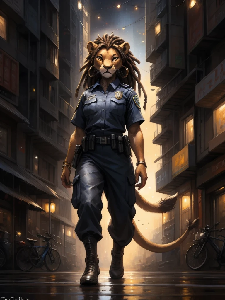 by kenket, by totesfleisch8, (by thebigslick, by silverfox5213:0.8), (by syuro:0.2), а lion, female, in full growth, brown fur, light brown eyes, medium length black dreadlock hair, metal ring on tail, metallic beads and hoop earrings in the ears, going through night city, wearing police uniform without footwear