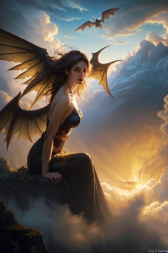 ((best quality)), ((masterpiece)), (detailed), alluring succubus, ethereal beauty, perched on a cloud, (fantasy illustration:1.3), enchanting gaze, captivating pose, delicate wings, otherworldly charm, mystical sky, (Luis Royo:1.2), (Yoshitaka Amano:1.1), moonlit night, soft colors, (detailed cloudscape:1.3), (high-resolution:1.2)