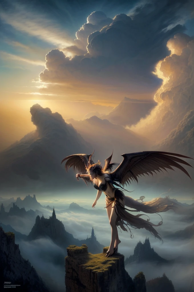 ((best quality)), ((masterpiece)), (detailed), alluring succubus, ethereal beauty, perched on a cloud, (fantasy illustration:1.3), enchanting gaze, captivating pose, delicate wings, otherworldly charm, mystical sky, (Luis Royo:1.2), (Yoshitaka Amano:1.1), moonlit night, soft colors, (detailed cloudscape:1.3), (high-resolution:1.2)