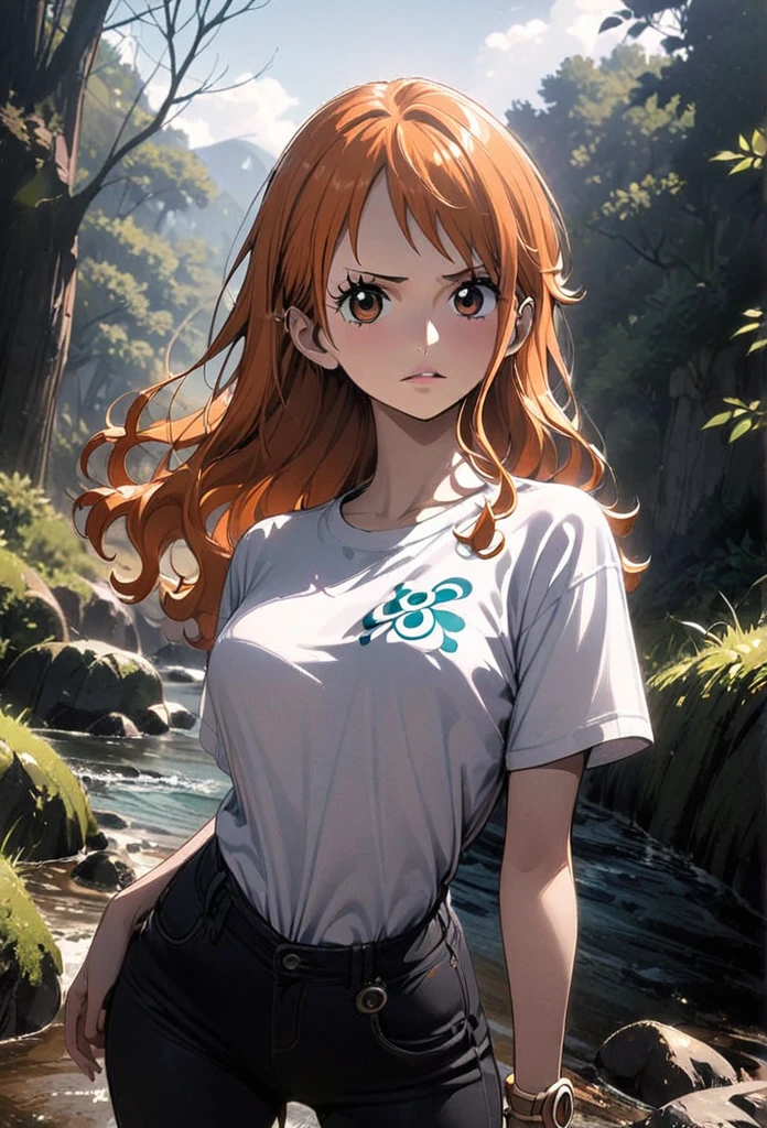 masterpiece, best quality), intricate details, 1 girl, woman, orange hair, nami \ (one piece\), (short hair) (long side bangs) shirt, ((white shirt, black pant, black court)) female focus, nature, scenery, upper body, ((front view)) ((close up shot)) ((solo)) ((hair over one eyes)) detailed, very high resolution, no blurry image, full body, orange eyes, sligh wavy hair, ((nami from one piece)) ((female nami from one piece)) ((front view))