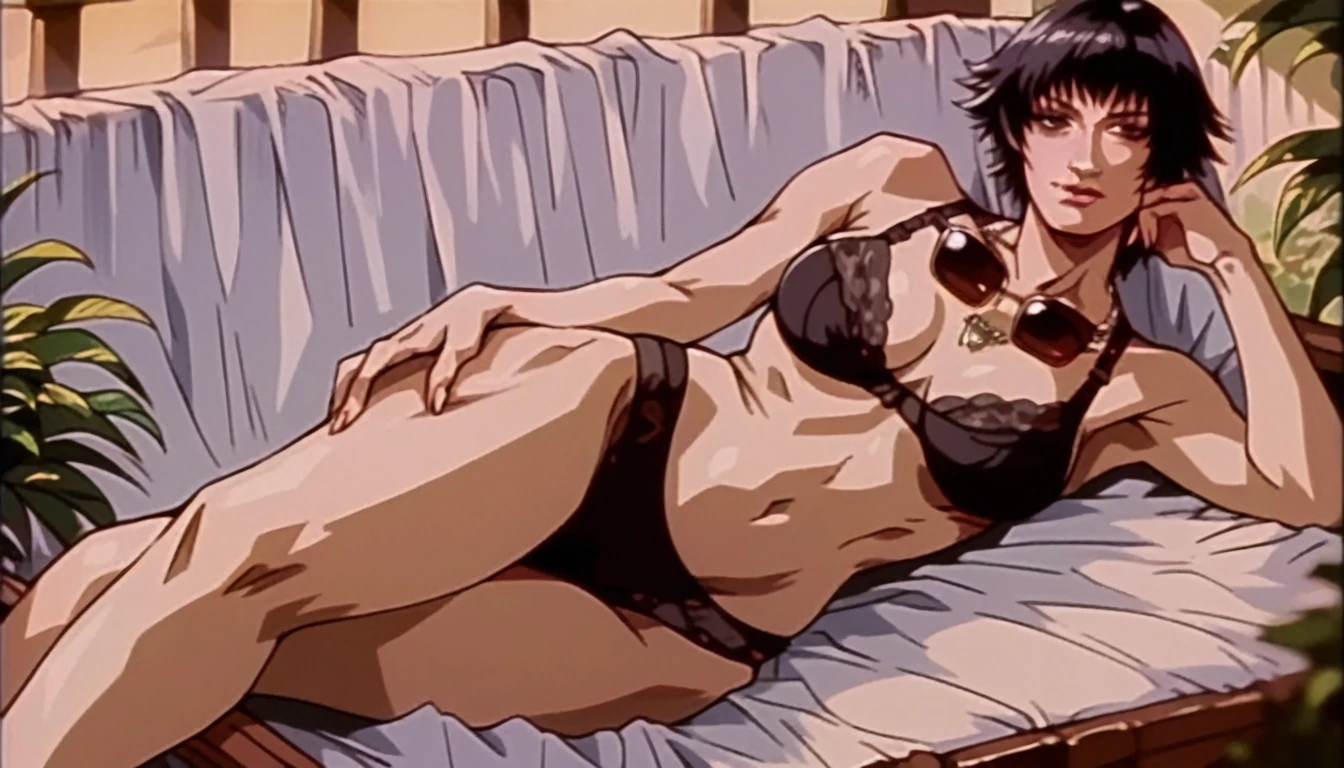 rating_????????, beautyful woman, perfect face, detailed, lady from devil may cry, black bra, black panties, ???? face, milf, lying, crossed legs, sunglasses