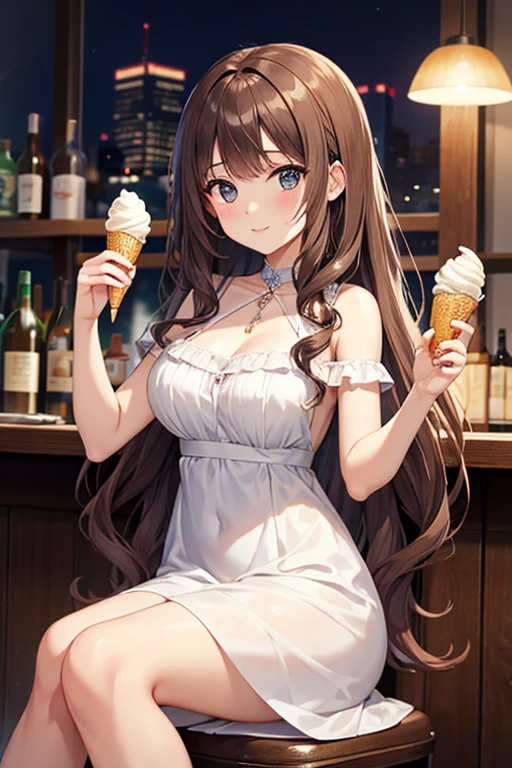 Italian girl with long curly brown hair, elegant dress sitting at a bar eating an ice cream, angular face