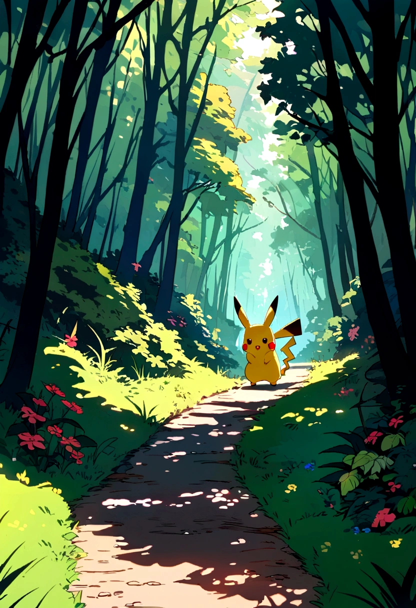 Pikachu from pokemon, walking in the forest