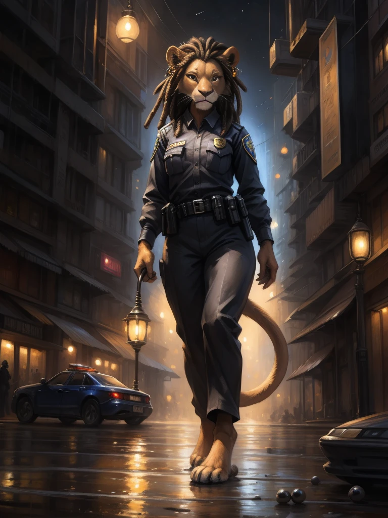 by kenket, by totesfleisch8, (by thebigslick, by silverfox5213:0.8), (by syuro:0.2), а lion, female, in full growth, brown fur, light brown eyes, medium length black dreadlock hair, metal ring on tail, metallic beads and hoop earrings in the ears, going through night city, wearing police uniform without footwear