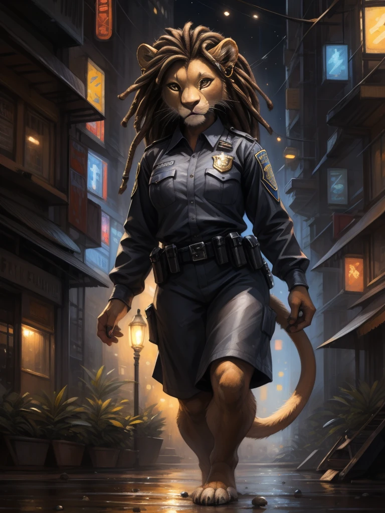 by kenket, by totesfleisch8, (by thebigslick, by silverfox5213:0.8), (by syuro:0.2), а lion, female, in full growth, brown fur, light brown eyes, medium length black dreadlock hair, metal ring on tail, metallic beads and hoop earrings in the ears, going through night city, wearing police uniform without footwear