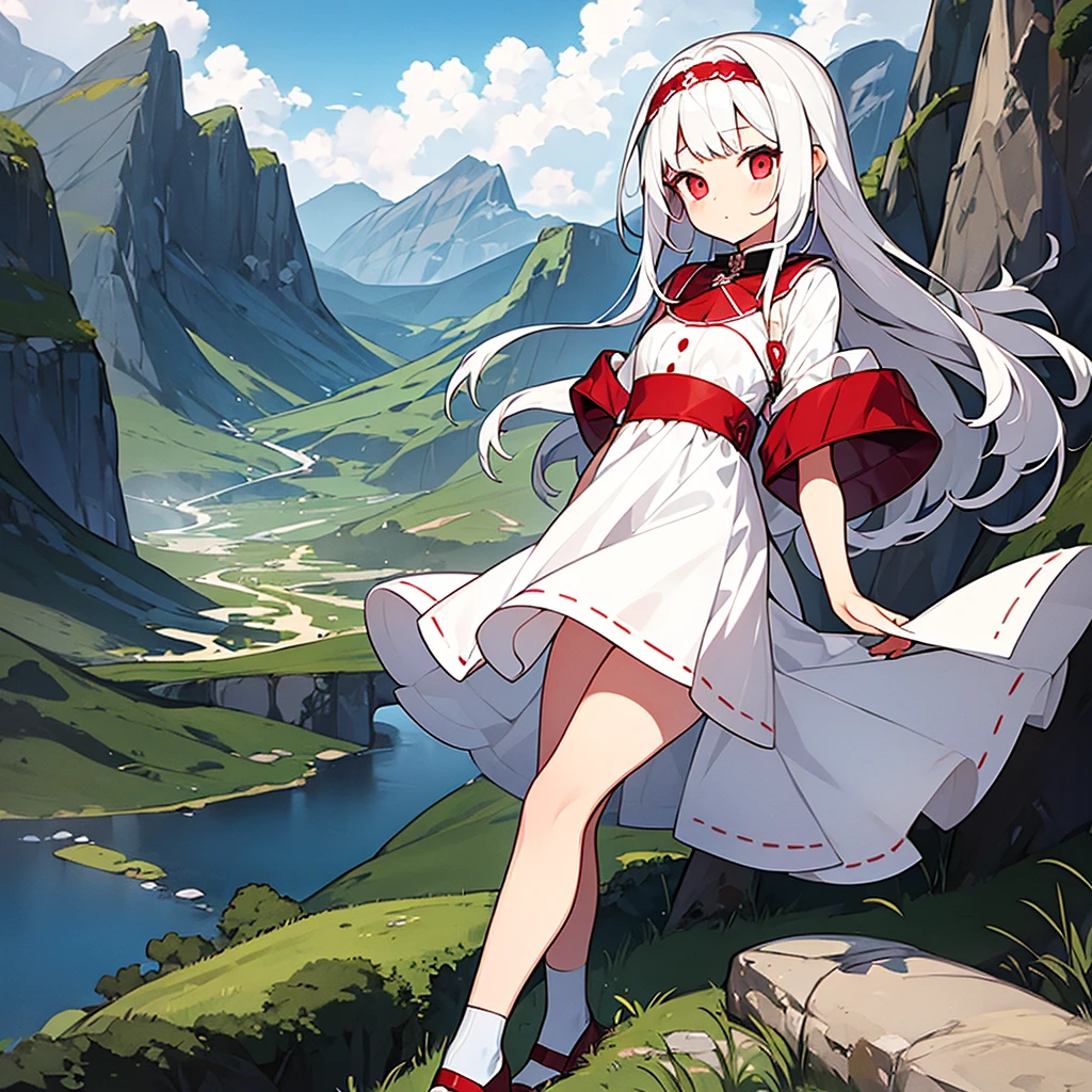 8 year old girl white hair ,Red eyes(one lens),a white dress(that reaches your knees) a little chubby (background a landscape)