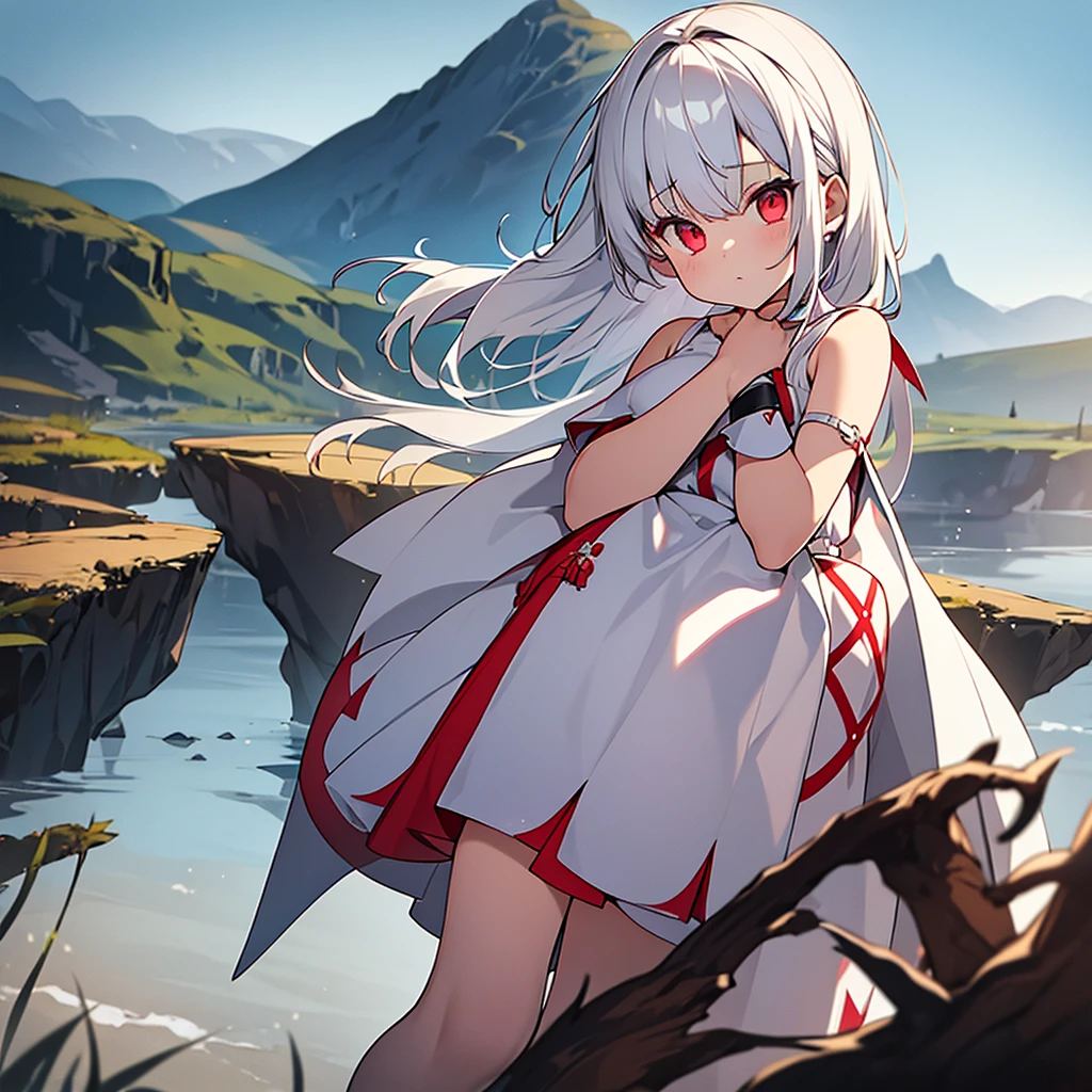 A woman with pale white skin, and completely red and glowing eyes. Her hair is long and black. She has long, sharp snakelike fangs, and her entire body appears to be decomposing, with some bones showing and slightly necrotic skin, although she is beautiful and well-muscled. She is sitting on a rock, on a green hill, and appears to be preparing poison in a glass bottle. She maintains a lively and cheerful expression as she does so. Very calm and cute mood.