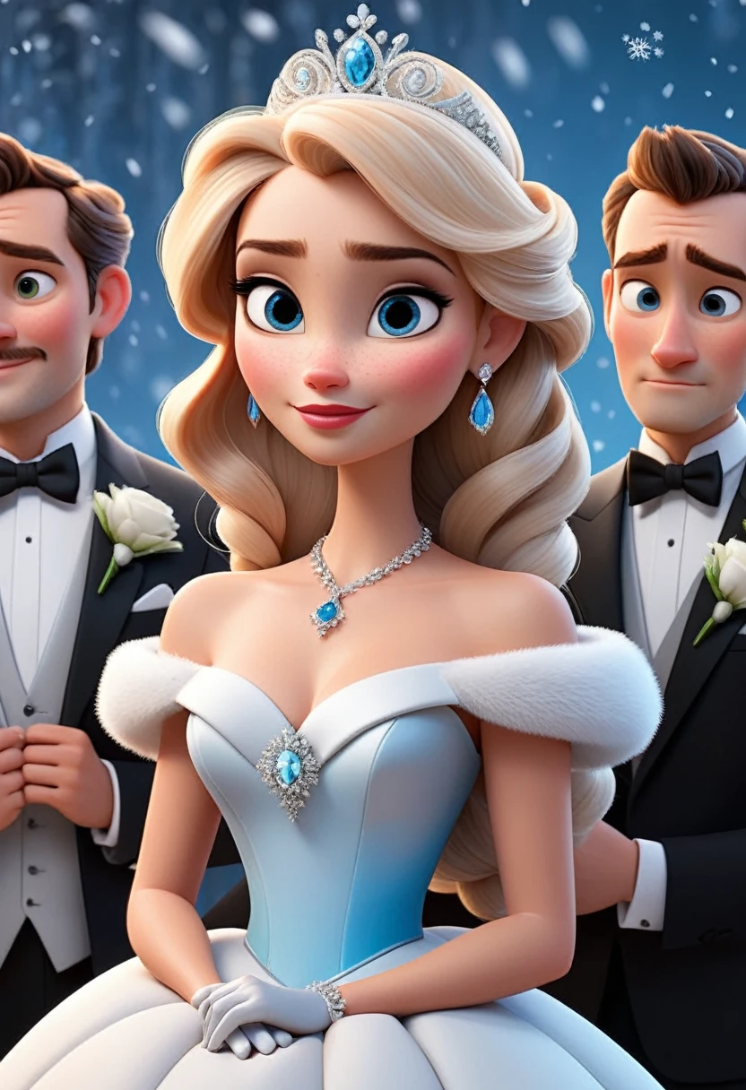 (disney pixar style:1.2) (cute adorable girl:1.15) (adult age 20:1.15) In a carefully crafted 3D rendering, a light-skinned woman with long blonde hair and blue eyes is the focal point of the wedding ceremony. She is in a strapless white gown adorned with a tiara and a diamond necklace. Her hair is slicked back in a sleek bob and she has a pair of earrings in each ear. A microphone is held in her right hand, while her left hand rests on the groom's chest. The groom, a light-skinned man with dark hair and a black suit, is second from the left in the picture. His eyes are wide and expressive and he wears a white shirt, black tie and gray suit. Her hands are on the groom's chest and she is holding the microphone in her left hand. The background shows a crowd of people, some of them dressed in formal clothes. The scene is set against a backdrop of frozen frozen landscape, with snowflakes falling from the sky.