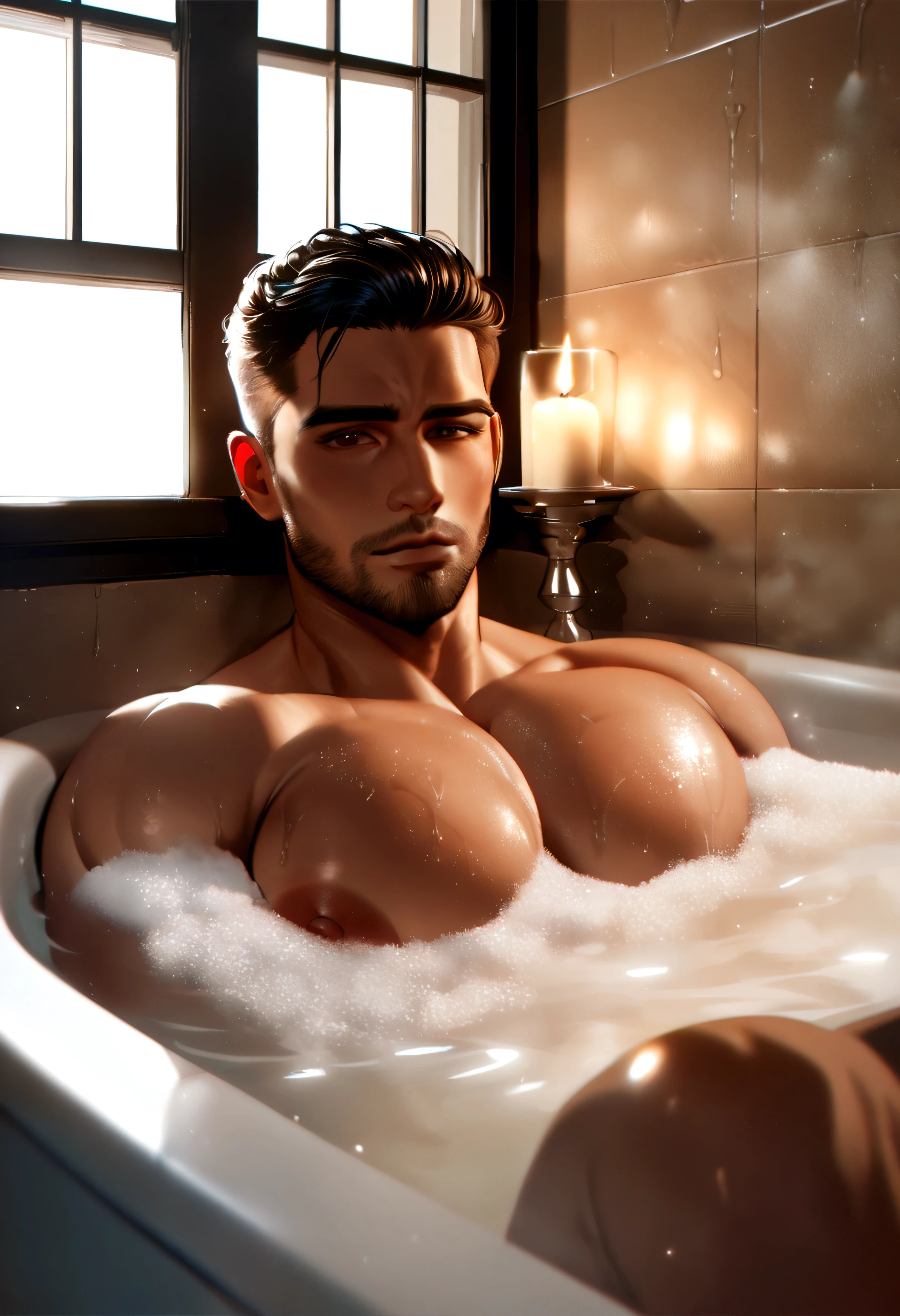 A handsome man with a big chest in a bathtub, candle lit bubble bath, big pecs, attractive male, sexy masculine, relaxing, handsome male, oppai, oppai proportions, cinematic lighting, high contrast, vivid colors, 8k, masterpiece