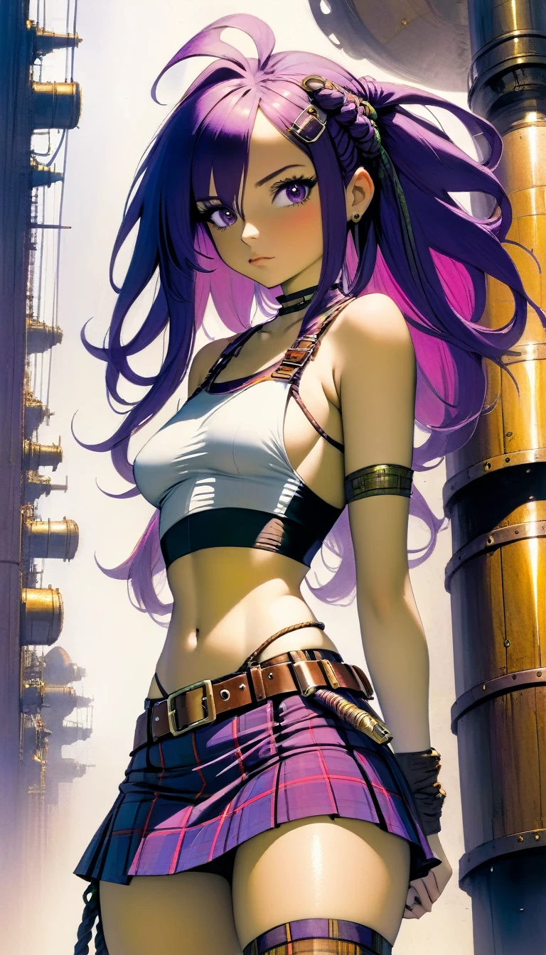 steampunk world. 1.5, Sexy girl, long purple hair, plaid miniskirt, belt rope, small breasts, tight tank top, art inspired by Bill Sienkiewicz
