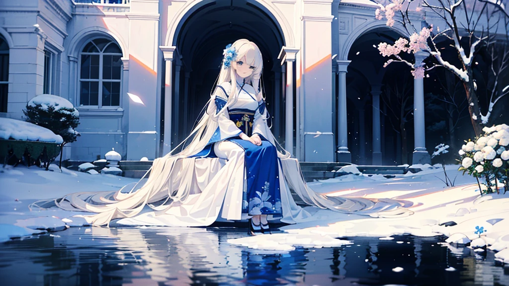 ((best quality,masterpiece,Extremely complex and exquisite details,There is only one beautiful girl with long white straight hair and blue eyes,Smile,long skirt)),(Exquisite light blue and white Chinese clothing,Beautiful bright and exquisite snow-white ancient style architectural background),(correct anatomy,exquisite face),(touch flowers,Snow,Falling Flowers,Majestic and elegant outdoors),((Long-distance full body picture of a single person,Sitting by the lake))