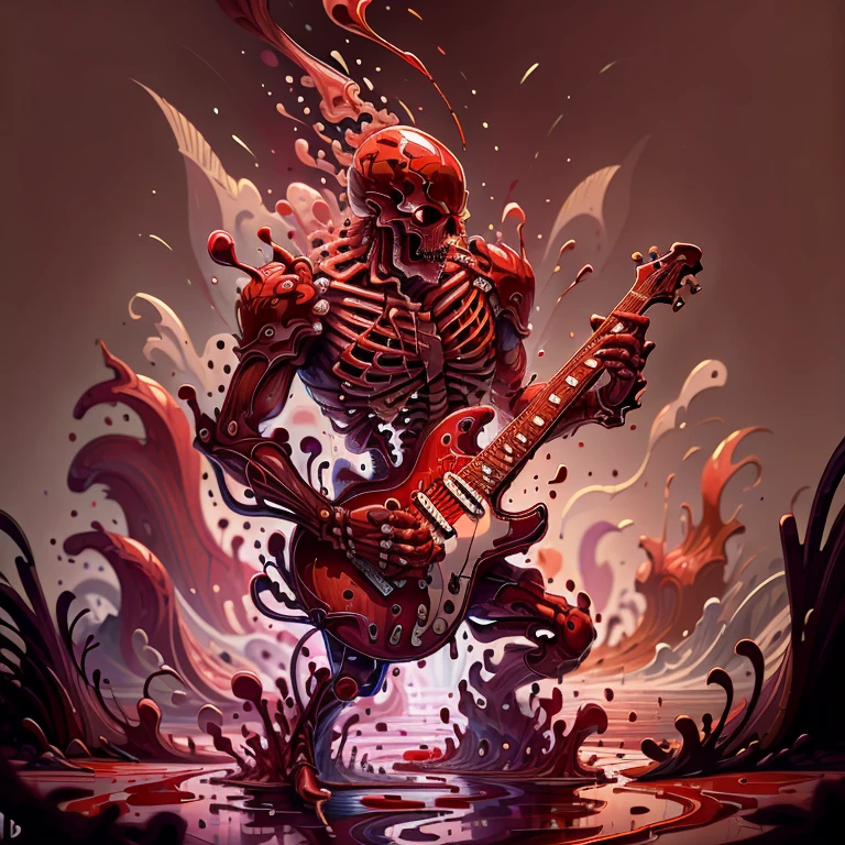 masterpiece, absurdres, extremely detailed, madeofwaterai, red water purple water, skeleton playing an electric guitar, night, volumetric lighting,