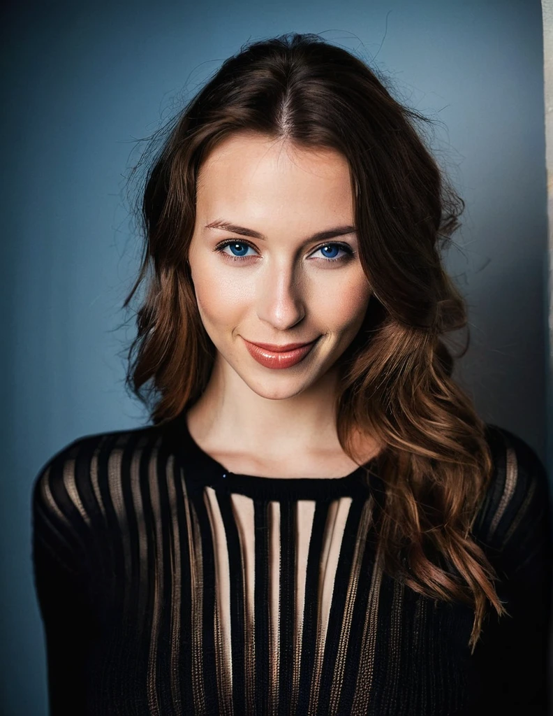 instagram photo, photo of 23 y.o model Stefanie Joosten in see-through black sweater, cleavage, pale skin, (smile:0.4), hard shadows, Brunette, blue eyes, high resolution image, skin textures,sexy hips, backlight, face softbox, Beauty dish ,diffused face light,softbox photograpy