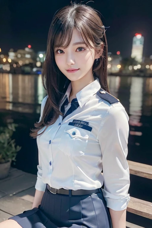 (A beautiful, innocent 20-year-old Japanese police officer in a cute and elegant police uniform with a short skirt, posing dramatically with a smile, against the backdrop of a night city, (best quality,4k,8k,highres,masterpiece:1.2),ultra-detailed,(realistic,photorealistic,photo-realistic:1.37),Octane Rendering,Complex 3D rendering with ultra-detail, Studio Soft Light, Rim Light, Vivid details, Super Detail, Realistic skin texture, Detailed aspect, Beautiful detailed eyes, Beautiful detailed lips, extremely detailed eyes and face, longeyelashes, Highly detailed CG Unity 16k wallpaper, Glowing Skin, whole body, sitting on a bench)
