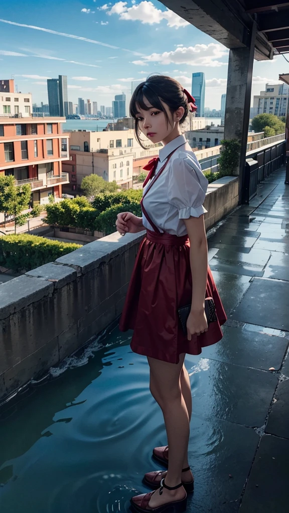 (masterpiece,newest,exceptional:1.2), anime,1girl,bangs,black_hair, beautiful 8k eyes,blue_sky,bridge,building,castle,city,cityscape,cloud,day,dress,looking_at_viewer,outdoors,red_neckwear,red_ribbon,ribbon,river,short_hair,short_sleeves,sky,skyscraper,solo,standing,town,water