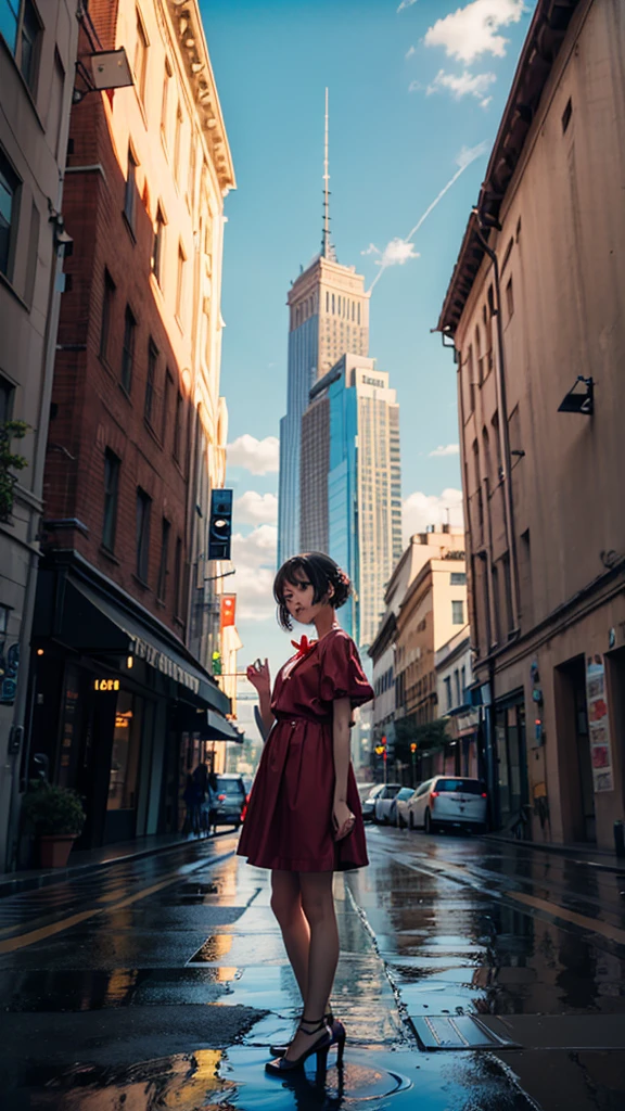 (masterpiece,newest,exceptional:1.2), anime,1girl,bangs,black_hair, beautiful 8k eyes,blue_sky,bridge,building,castle,city,cityscape,cloud,day,dress,looking_at_viewer,outdoors,red_neckwear,red_ribbon,ribbon,river,short_hair,short_sleeves,sky,skyscraper,solo,standing,town,water