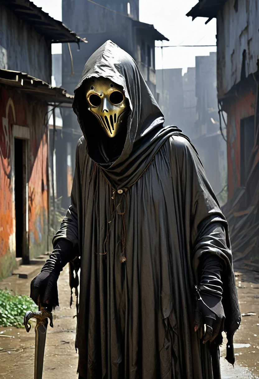 Draw a hunchbacked, stealthy creature known as a Carnical. The Ghouls hide their faces with worn-out hoods and masks made from scrap metal from the Old Age., giving them a sinister and ghostly appearance. They wear torn, translucent plastic covers to protect themselves from the scorching sun and acid rain.. Your hands and feet are wrapped with plastic or cloth, suggesting improvisation and desperation. Each Carnical carries a rusty-bladed knife, symbol of the past era. They move stealthily in the shadows, ready to ambush any intruder. The setting must include ruins and scrap metal from the Old Era, with dark, hidden areas that reflect a post-apocalyptic environment. The color palette should be dark, with shades of gray, brown and rust, highlighting the decrepit and threatening nature of the Carnicals