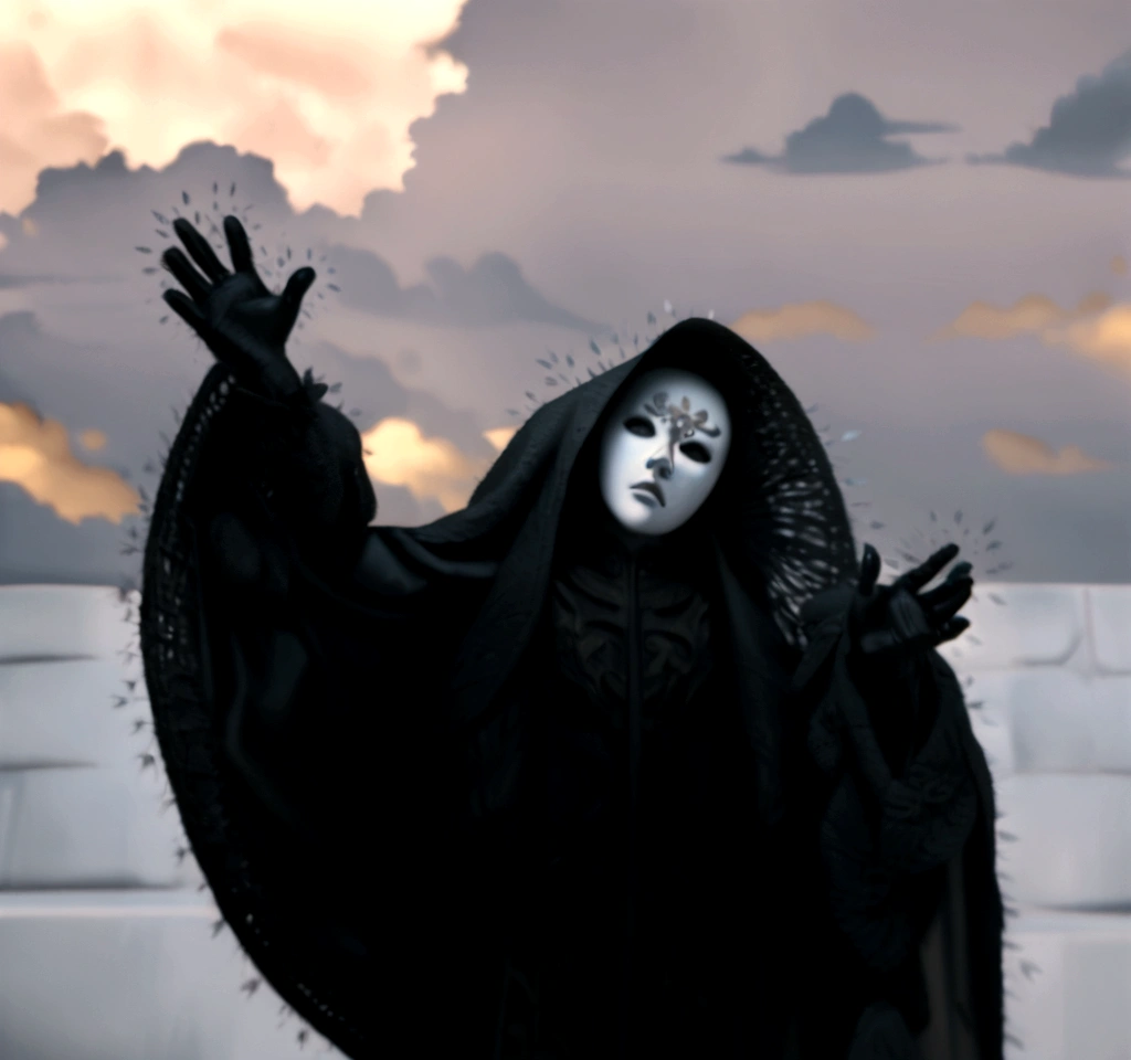 a whitte masked figure, dramatic dark clouds, moody atmospheric lighting, intricate ornamental details, highly detailed, 8k, photorealistic, dark fantasy, cinematic, chiaroscuro lighting, dramatic shadows, golden accents, ominous atmosphere, striking contrast, muted color palette