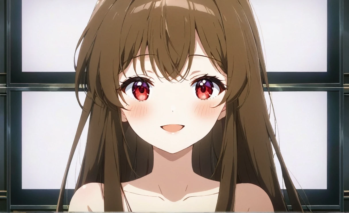 Anime Style, Aesthetic style, One girl, alone, smile, View your viewers, blush, Red eyes, Long Hair, Brown Hair, , Mouth closed, Long Hair, Portraiture,, Upper Body, Anime Screen Capture, Completely naked, Nipples