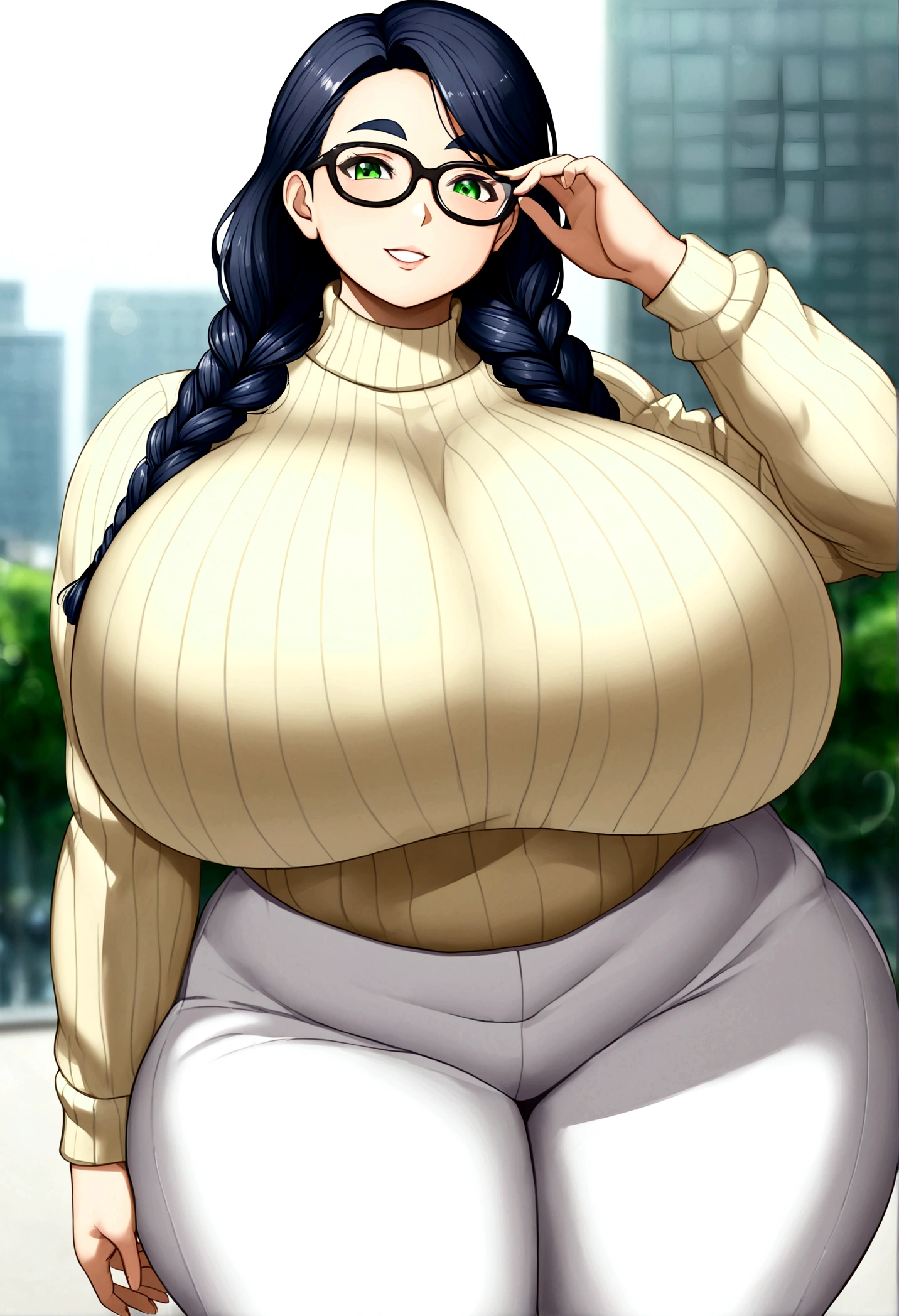 (masterpiece,high resolution:1.4),(from front),close up of face,outdoor,tokyo city,(deep shadows:1.2),(bokeh:1.2),8k,gleaming skin,milf,plump,(gigantic breasts),dark blue hair,forehead,braids,hair over one eye,green eyes,black frame eyewear,adjusting eyewear,faint lips,thick eyebrows,Ecstatic grin,(beige sweater:1.1),BREAK,Palazzo pants,thick thighs,parted lips