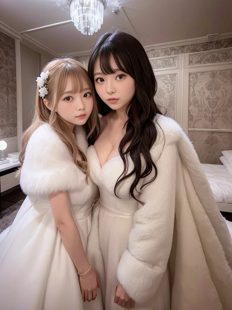 fluffyの毛皮。fluffy。Pair of women、Dark Room。Wedding dressを着た女性たちの写真。Wedding dress、Grey fur cape。Surrounded by fair-skinned adult women。。The dark dungeon of an old stone castle。Fisheye Lens。Multiple women。Kazakh wedding attire