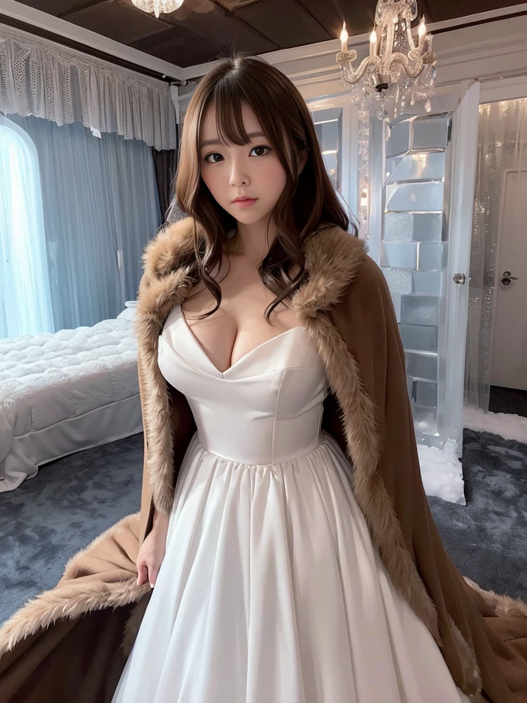 fluffyの毛皮。fluffy。(((Pair of women、ice hotel、Dark Room)))。Wedding dressを着た女性たちの写真。Wedding dress、Brown fur cape。Fisheye Lenultiple women。