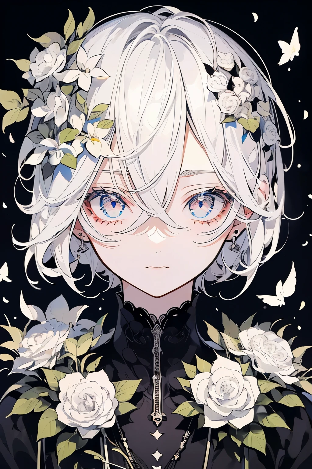 (Mastepiece), (Best Quality), Very detailed, 1 boy, Solo Shooting, Perfect Face, Beautiful Face, Very detailedな顔,(Gray Hair:1.3),(short hair:1.4)、(Big eyes:1.4),(Long eyelashes:1.4)、(Black and white eyes:1.3)、Lots of flowers、petal、Only black and white