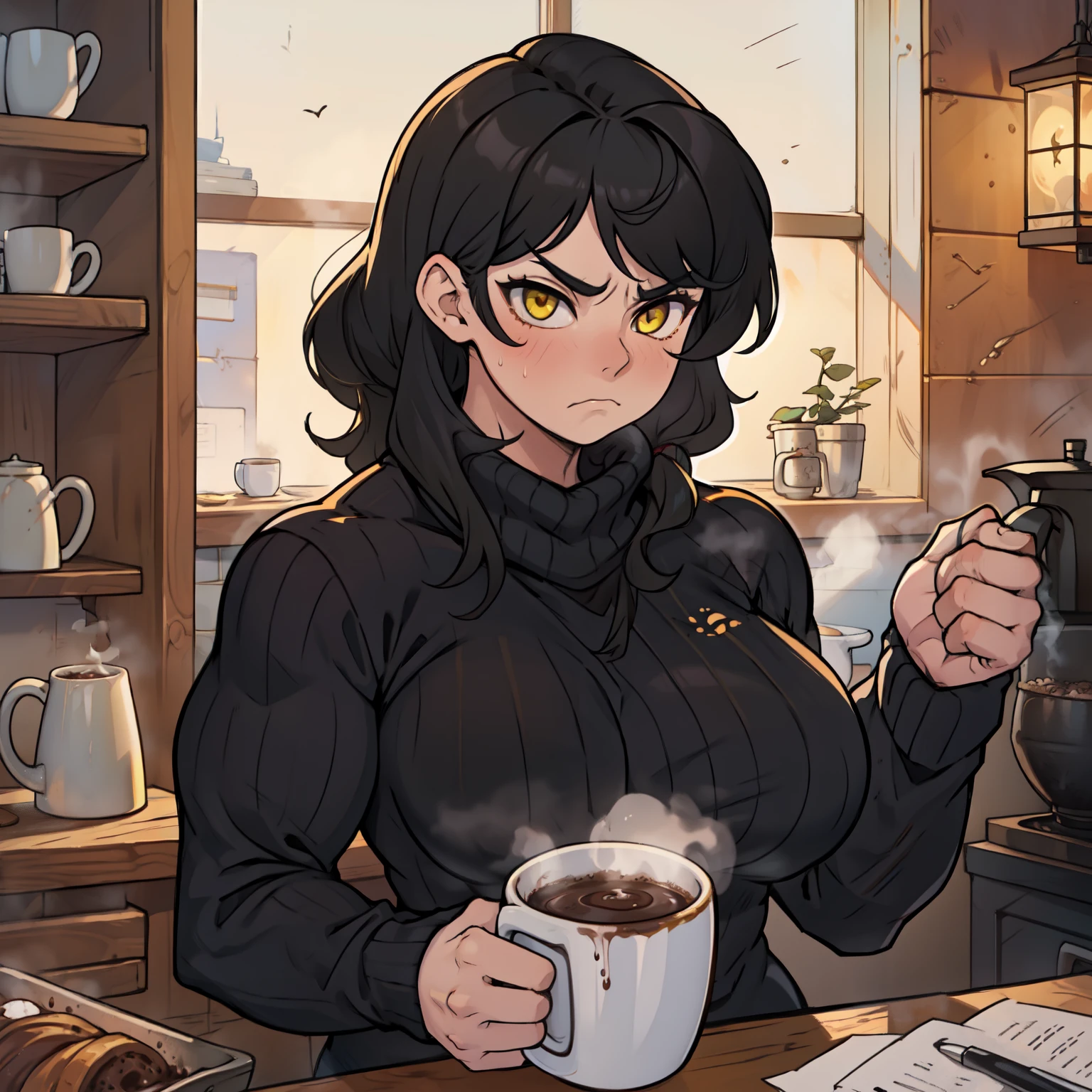 girl muscular girl breasts breasts breasts pale skin black hair yellow eyes thick thick thick baggy sweater sad sad frown mug of hot cocoa cozy at home