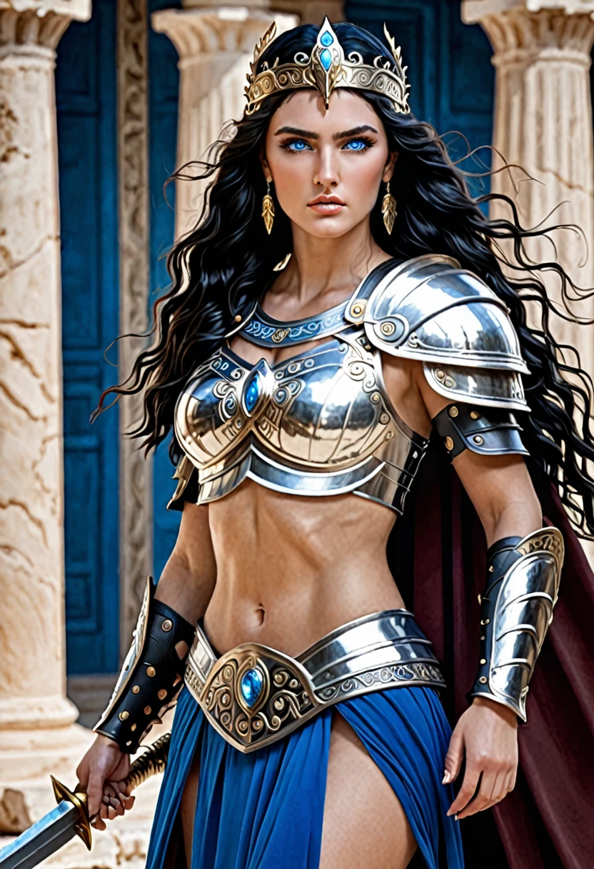 Greek warrior queen with armor blue eyes long and wavy black hair medium breasts and white