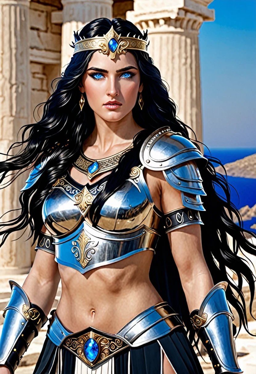 Greek warrior queen with armor blue eyes long and wavy black hair ?????????????? and white