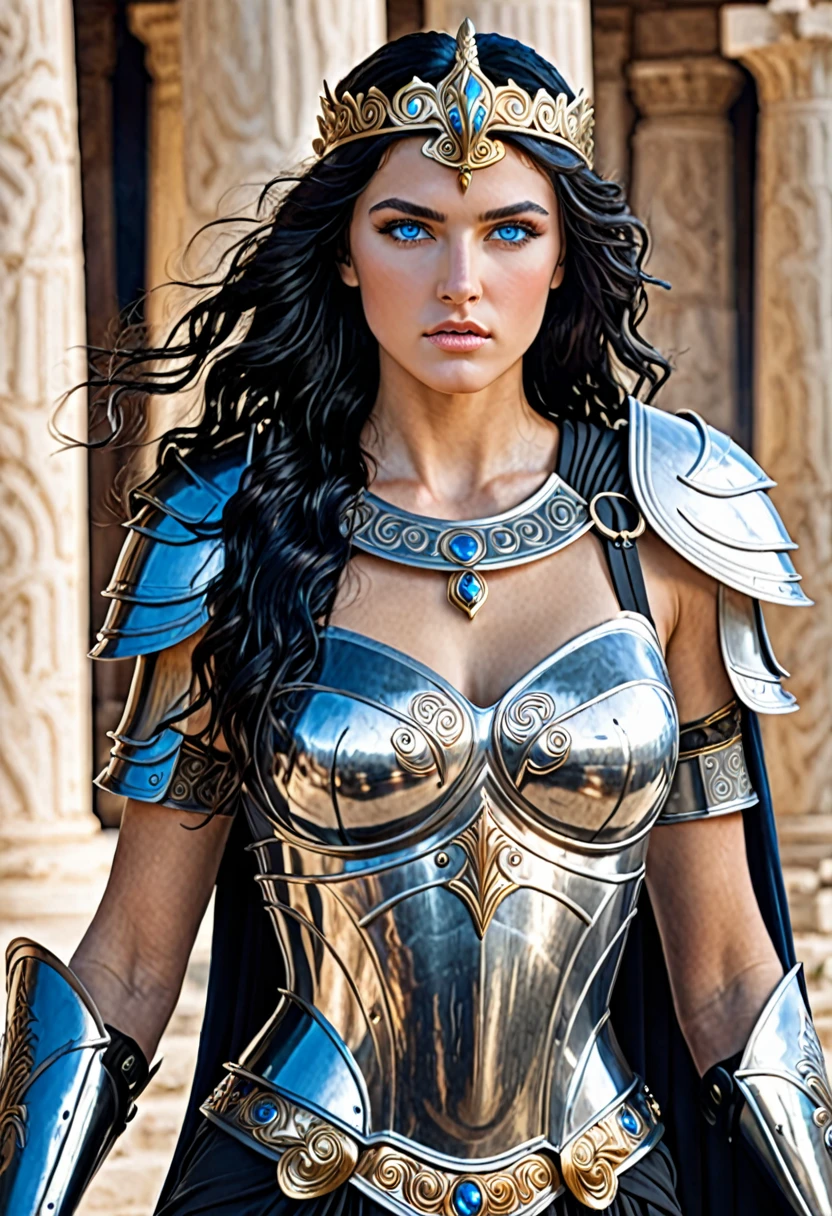 Greek warrior queen with armor blue eyes long and wavy black hair medium breasts and white