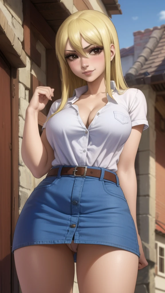 1 girl,(solo),(high-level image quality),(hight quality),(hight resolution),(detailed),(masterpiece),(artwork:1.2), (realistic),(ultra detailed), (8K), looking at viewer, Detailed eyes, perfect face, perfect eyes, Detailed face, brown eyes,(blonde hair), (long shot),Lucy Heartfilia,shirt, cleavage, skirt,belt, blushed,(medieval Village), smile,(hair lace),(from below), standing,(fully exposed panties),(up skirt),