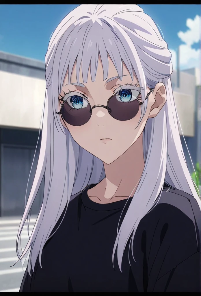 ((Gojo Satoru, female gojo satoru)) Woman, age 18, white hair, hair bangs, (wears round sunglasess) white eyebrows, white eyelash, white eyelashes, detailed eyes, ((blue eyes)), wearing black shirt, high quality, 4k resolution, anime, ((straight hair)) ((white hair)) 