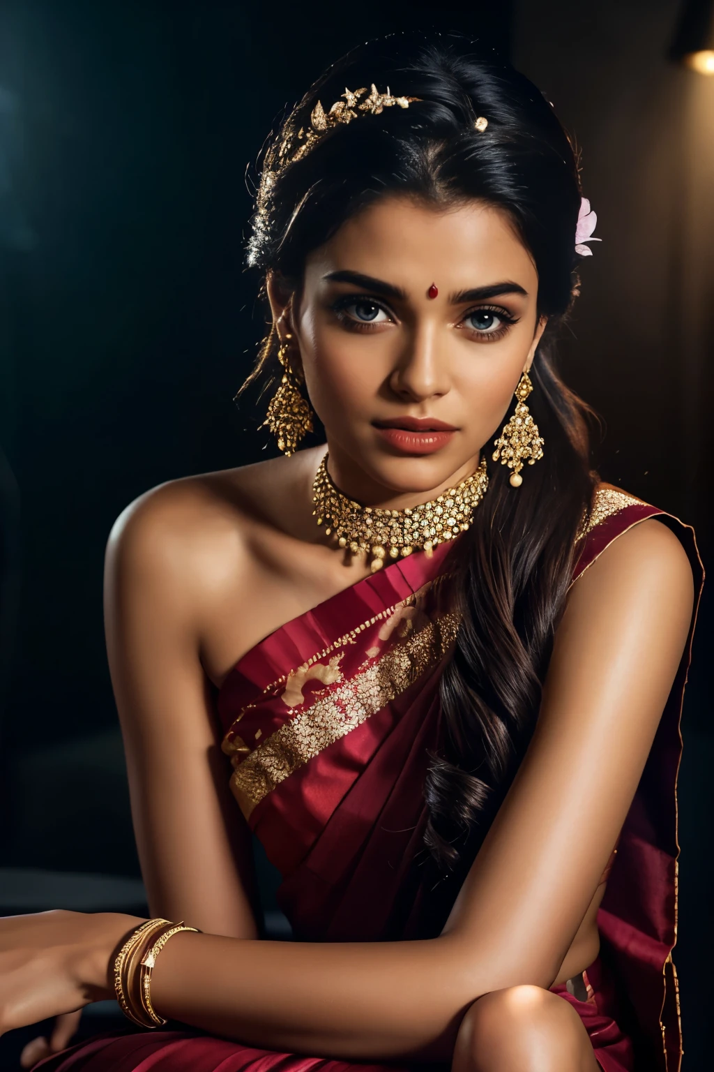 Selfie photography of an Indian Instagram female model in her mid-20s takes hugging her self. (highly detailed face:1.4) (smile:0.7) (background 5-star hotel, moody, private study:1.0V, by Lee Jeffries, Nikon D850, film stock photograph, 4 Kodak Portra 400, camera f1.6 lens, rich colors, hyper-realistic, lifelike texture, dramatic lighting, Cinestill 800, realistic). She is wearing a traditional cherry blossom saree that exudes elegance and sophistication. The saree features a vibrant and intricate design with rich colors and detailed patterns, draped gracefully around her. The blouse is sleeveless but with intricate embroidery and beadwork, complementing the saree’s luxurious fabric. She is tying her hair with raised hands, Completing her look, she adorns herself with traditional jewelry, including bangles, earrings, and a necklace. The model's hair is styled in a classic bun with jasmine flowers, adding a modern twist to her traditional attire. 

The photograph is meticulously captured in 8K resolution using cutting-edge techniques such as Cinema 4D and Octane Render, resulting in a highly detailed and photorealistic image. Studio lighting, HDR, and a smoky mist create a captivating ambiance, while the bokeh effect adds an artistic touch.