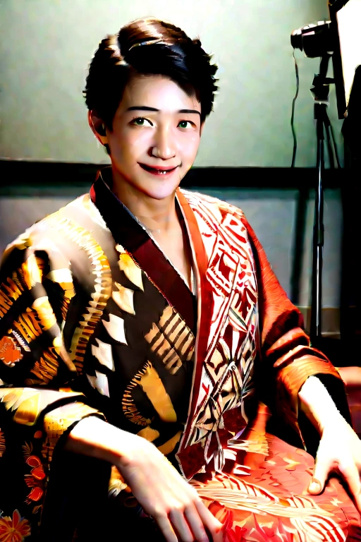 photo of Seridio. A 28 year old man, wearing solo Javanese batik clothes with his , the woman is 26 years old. Wearing graduation gowns, using the same batik, they pose in a sitting position on the sofa in the photo studio with smiling faces. realistic 3d images hd16k