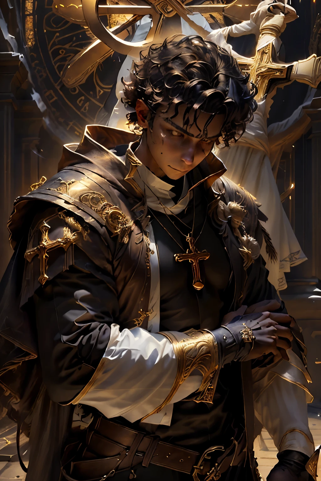 a black dark skin, male, with brown burst fade curly hair, brown eyes, though looking, light domain cleric priest,with a golden Christian cross necklace, in a church, 