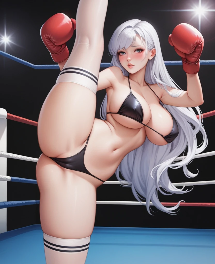 Korean beauty,18 years old,Pretty Face,Good shape,detailed picture, Shy expression, blush,White long hair, Wear a three-point bikini, Wear black garter stockings, Wearing boxing gloves, High kick in the boxing ring,Large Breasts,Cleavage,Long legs,Thin waist,nipple,Camel toe