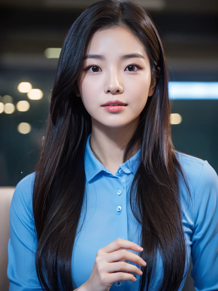Han Julie is a young Korean woman in her 27s. Her hair is long in a dark-blue color.
Her face is oval and marked by her large brown eyes, which carry a cold, unexpressive face. Her skin is radiant and clear, presenting an impeccable state of health and her curved lips.
Her height is medium, her body athletic and defined, with the most charming and provocative. It contrasts and matches their personalities.
She is in her office at the company in the night lights wearing a black shirt