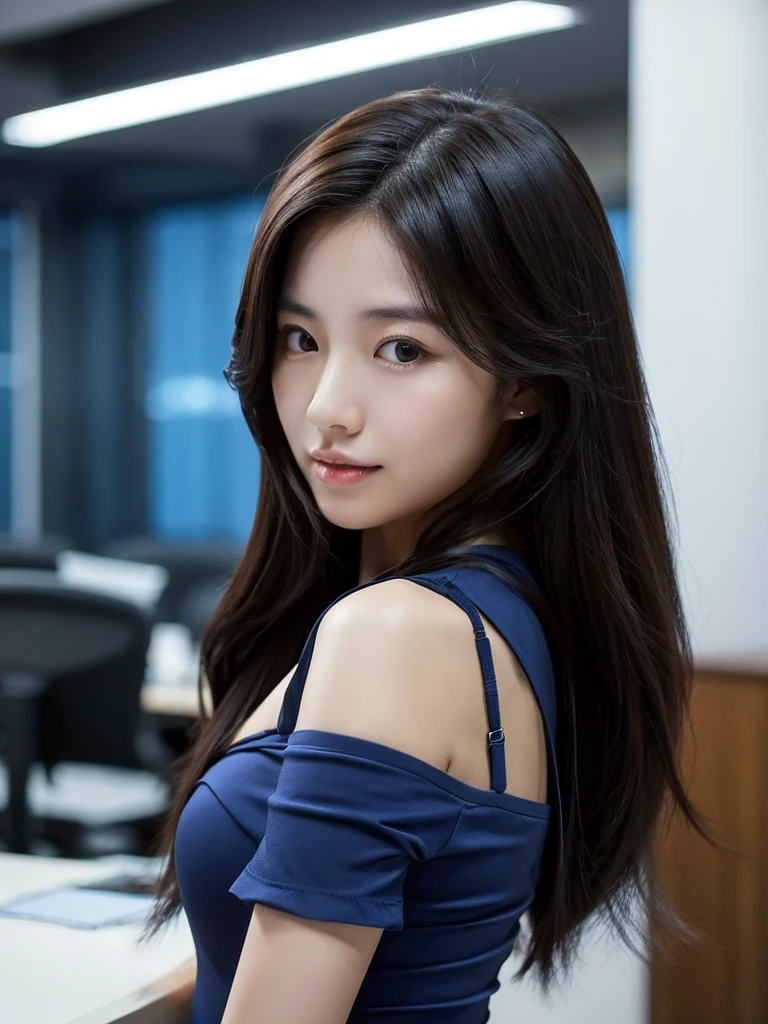 Han Julie is a young Korean woman in her 27s. Her hair is long in a dark-blue color. 
Her face is oval and marked by her large brown eyes, which carry a cold, unexpressive face. Her skin is radiant and clear, presenting an impeccable state of health and her curved lips. 
Her height is medium, her body athletic and defined, with the most charming and provocative. It contrasts and matches their personalities. 
She is in her office at the company in the night lights wearing a black shirt 