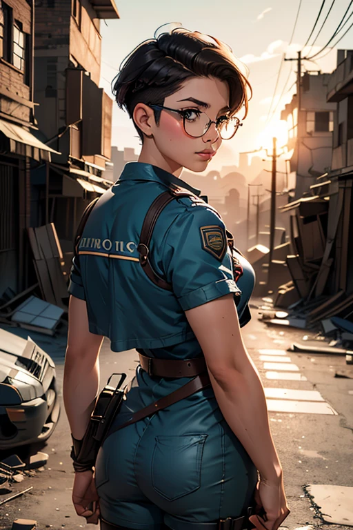 Wide angle, view from behind, a pretty girl messenger, wearing large glasses, undercut hair, wearing postal uniform, in a post-apocalyptic world