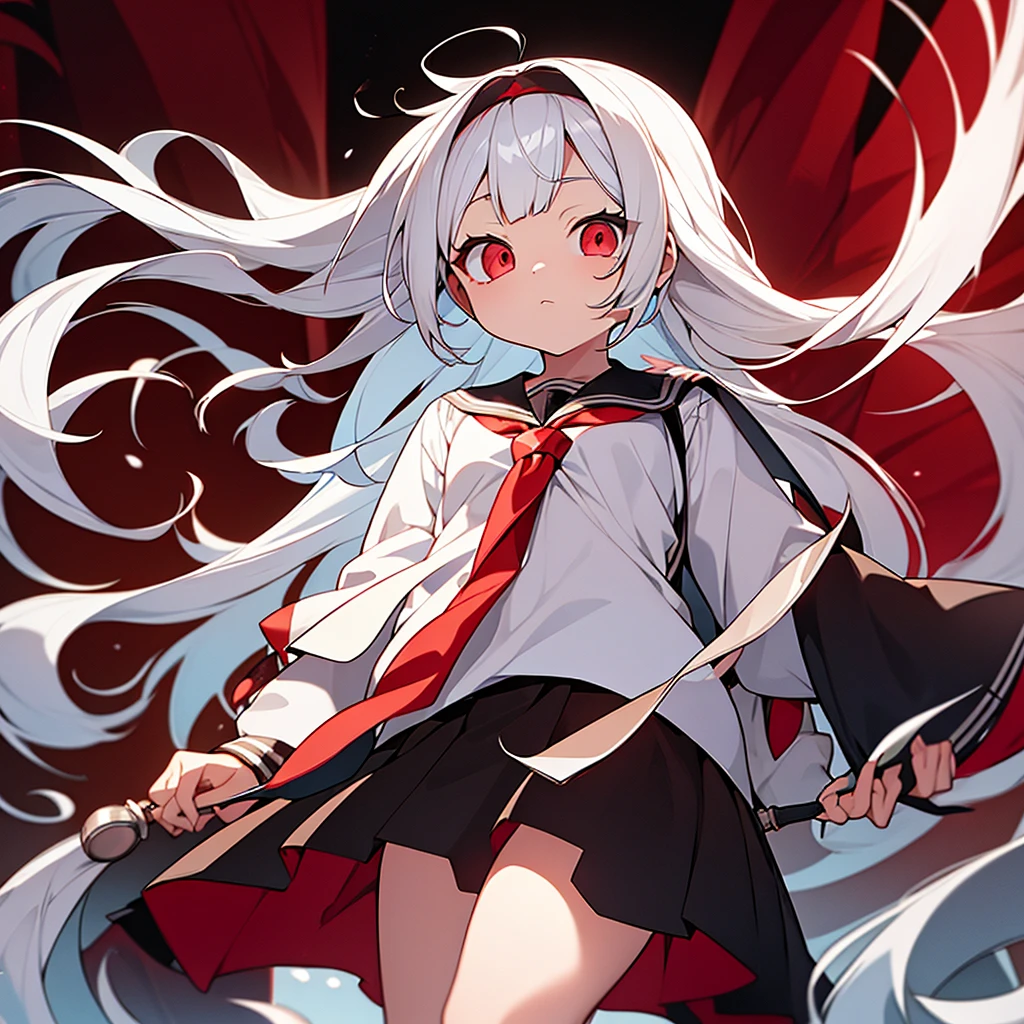 8 year old girl white hair ,Red eyes(one lens),a loose shirt, short , chubby girl (background a school)*