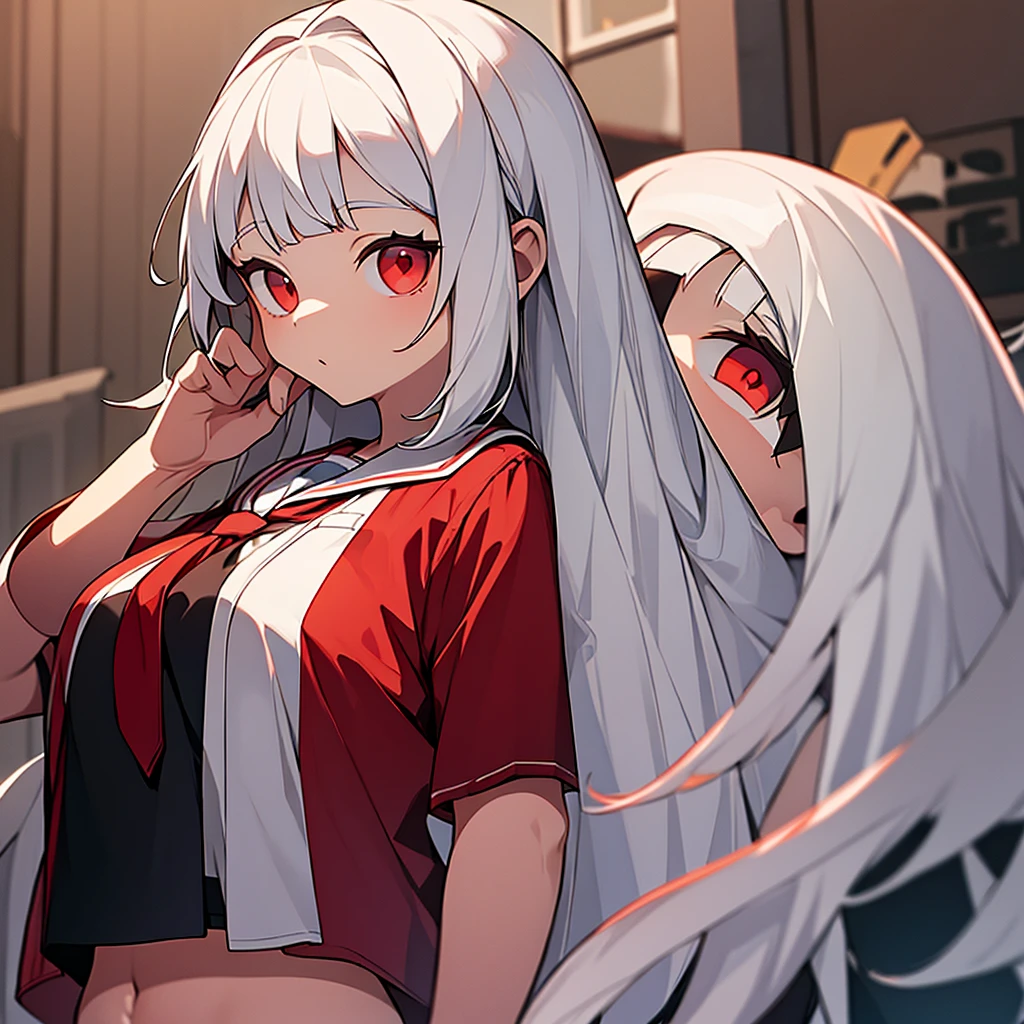 8 girl white hair ,Red eyes(one lens),a loose shirt, short , chubby girl (background a school)