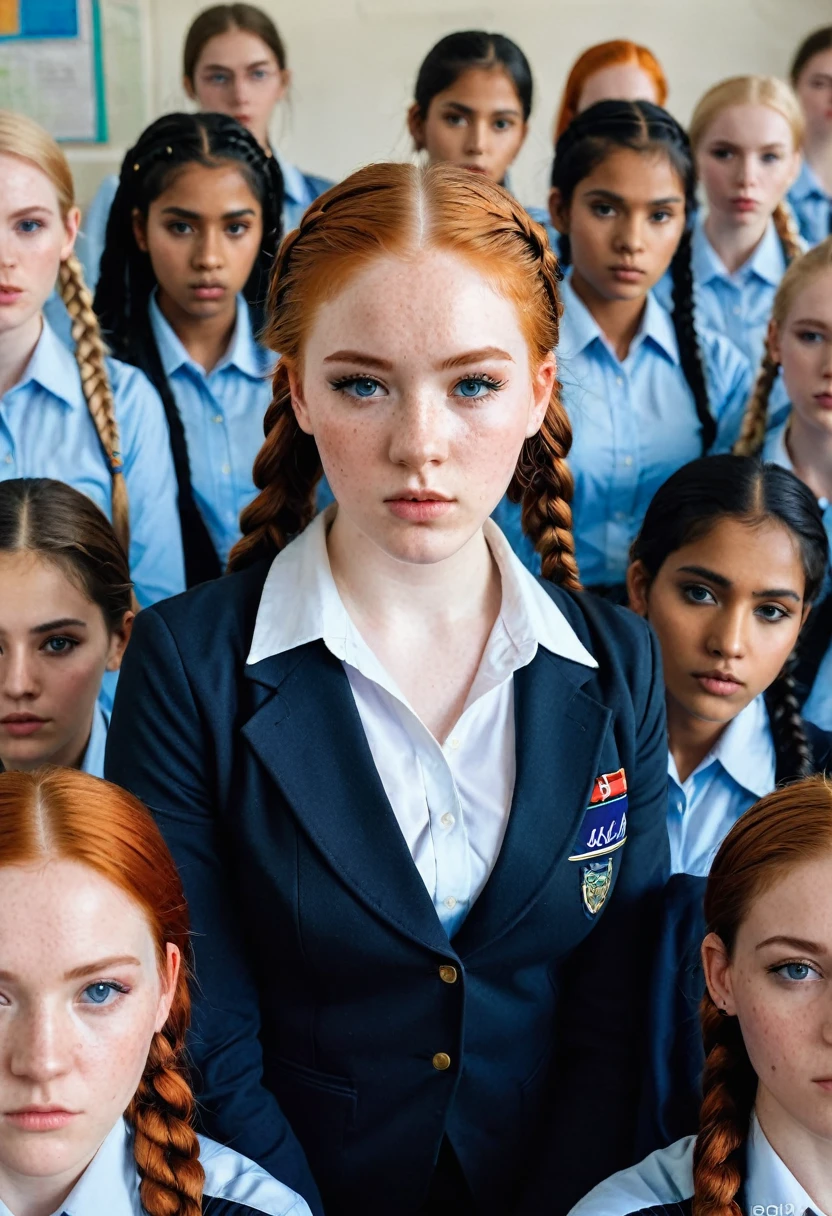 (best quality), (masterpiece:1.2), wide angle photo, full body photo, group photo, 5 women schoolwomen, 20 years old, faces marked by age, guilty faces, skin imperfections, acne, chapped lips, sad wistfully, diverse ethicities: ebony, black, white, nordic, indian, diverse hair colors: redhead, blonde, afro, twin braids, heavy freckles, pale skin, makeup, earings, crowded classroom, morning, school, crowd of people, school uniforms, unbottoned blue shirts, tight shirt, alluring pose, black stockings, open jacket, sexy neckline, large neckline, 16k, photorealistic, real photo, nikon d800, (YES SFW)