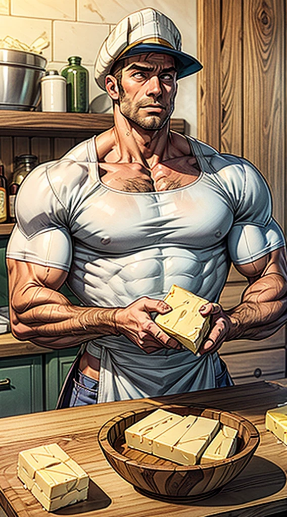 A muscular man in farmer clothes, white shirt, farmer hat in an apron holds a block of butter He is surrounded by several other blocks of butter, some of which are on a cutting board, The image has a wooden table and a few bowls in the background.