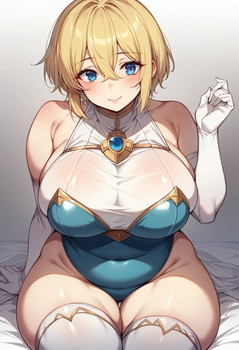 (One girl)、((short hair))、((Blonde))、(Sato Air)、((boyish))、((Big super ))、Chubby、beautiful girl、(Big thighs)、Blue Eyes、Blue leotard、White sleeveless、Princess Knight、((hairs between eyes))、((thigh-high socks thighhighs))、(long gloves)、smile、((see-through))