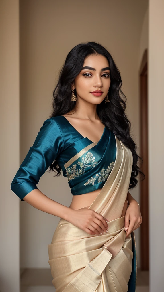 Generate an image of a woman elegantly dressed in a silk saree, showcasing professional grace and allure. The saree should be of high-quality fabric, delicately woven with intricate designs and vibrant colors. The blouse should complement the saree with its intricate braided design and perfect fit, enhancing the woman's figure tastefully. Her makeup should be attractive yet subtle, featuring deep eyeliner, light eyeshadow, long mascara, and beautifully shaped eyebrows. Her lips should be adorned with a flattering lip color, highlighting her full and captivating smile. Her hair, black and wavy, should be styled elegantly with bright highlights, framing her face flawlessly. The image should emphasize her slim waist and graceful posture, with a focus on her expressive eyes that exhibit depth and liveliness. The overall composition should exude professionalism and beauty, suitable for any social media platform.