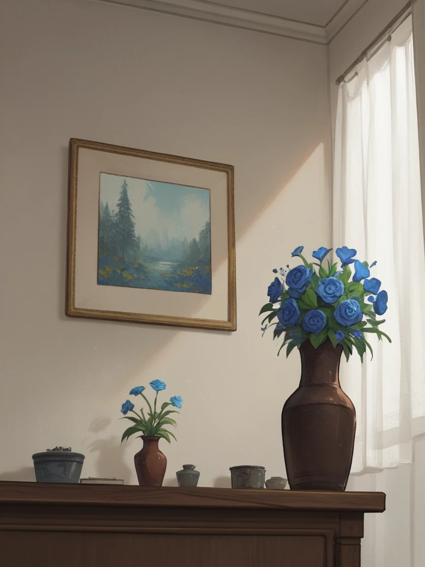 score_9, score_8_up, score_7_up, score_6_up, score_5_up, score_4_up, wh33z13, 1 room concept, white wall with 13 paintings hanging, different frames hanging on the walls, dark wooden furniture below with a vase, small, blue flowers